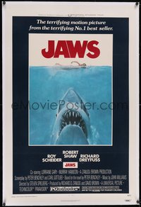 7a0668 JAWS linen 1sh 1975 Roger Kastel art of Spielberg's man-eating shark attacking sexy swimmer!