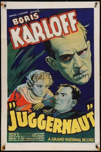 7a0040 JUGGERNAUT 1sh 1937 cool art of Boris Karloff, horror man of the screen without makeup!