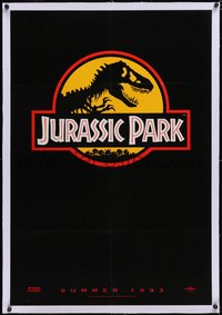 7a0673 JURASSIC PARK linen teaser 1sh 1993 Steven Spielberg, logo with T-Rex over yellow background!