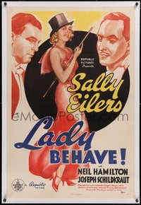 7a0680 LADY BEHAVE linen 1sh 1937 art of sexy Sally Eilers with top hat & cane, ultra rare!