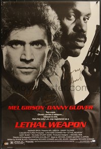 7a0168 LETHAL WEAPON signed 1sh 1987 by Mel Gibson, Danny Glover AND Tom Atkins, classic cop movie!