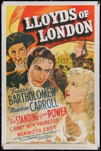 7a0688 LLOYDS OF LONDON linen int'l 1sh 1936 cool art montage of Bartholomew, Carroll & Power, rare!