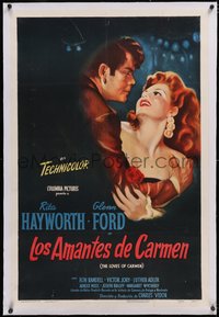 7a0698 LOVES OF CARMEN linen Spanish/US 1sh 1948 c/u art of sexiest Rita Hayworth & Glenn Ford, rare!