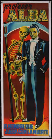 7a0220 PROFESOR ALBA linen 27x78 Spanish magic poster 1959 Ramon art of the man who plays with death!