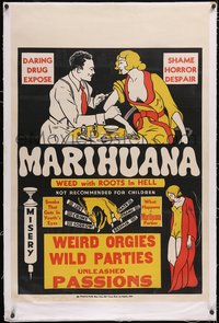 7a0708 MARIHUANA linen 1sh 1930s Dwain Esper drug expose, weed with roots in Hell, weird orgies!