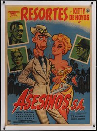 7a0402 ASESINOS S.A. linen Mexican poster 1957 art of smoking Resortes with gun & sexy lady, rare!