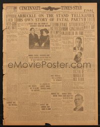 7a0100 ROSCOE FATTY ARBUCKLE 18x23 newspaper November 28, 1921 tells his own story of fatal party!
