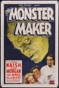 7a0713 MONSTER MAKER linen 1sh 1944 art of mad scientist Naish + c/u disfigured man, ultra rare!