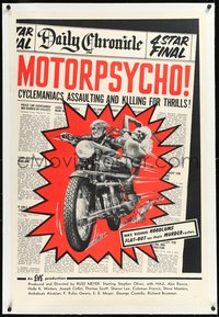 7a0717 MOTORPSYCHO linen 1sh 1965 Russ Meyer motorcycle classic, assaulting & killing for thrills!