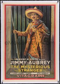 7a0722 MYSTERIOUS STRANGER linen 1sh 1920 great art of Jimmy Aubrey with sombrero & gun, ultra rare!