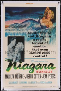 7a0726 NIAGARA linen 1sh 1953 classic art of giant sexy Marilyn Monroe on famous waterfall + photo!