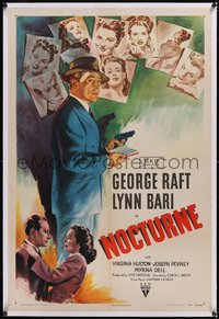 7a0730 NOCTURNE linen 1sh 1946 film noir art of George Raft & Lynn Bari, Hollywood glamour murder!