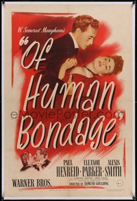 7a0737 OF HUMAN BONDAGE linen 1sh 1946 Paul Henreid & Eleanor Parker, from Somerset Maugham novel!