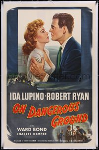 7a0738 ON DANGEROUS GROUND linen 1sh 1951 Nicholas Ray noir classic, art of Robert Ryan & Ida Lupino!