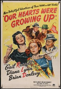 7a0744 OUR HEARTS WERE GROWING UP linen 1sh 1946 full-length art of sexy Gail Russell & Diana Lynn!