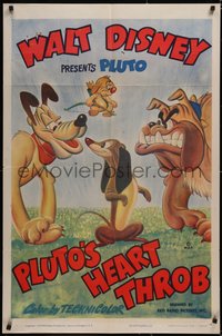 7a0044 PLUTO'S HEART THROB 1sh 1949 Walt Disney, great art of canine love triangle, ultra rare!