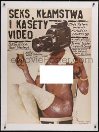 7a0358 SEX LIES & VIDEOTAPE linen Polish 27x37 1990 wild Pagowski art of naked girl w/camera head!