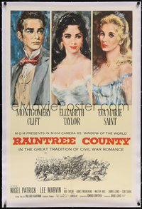 7a0761 RAINTREE COUNTY linen 1sh 1957 art of Montgomery Clift, Elizabeth Taylor & Eva Marie Saint!