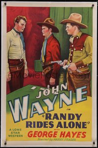 7a0763 RANDY RIDES ALONE linen 1sh R1939 art of John Wayne confronting men cheating at poker, rare!