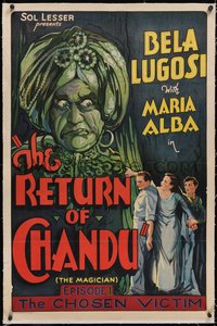 7a0766 RETURN OF CHANDU linen 1sh 1934 great artwork of spooky magician Bela Lugosi, serial!