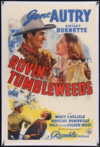 7a0776 ROVIN' TUMBLEWEEDS linen 1sh 1939 singing cowboy Gene Autry, Smiley Burnette, Mary Carlisle!