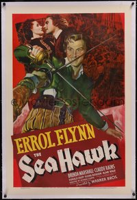 7a0780 SEA HAWK linen 1sh 1940 Michael Curtiz, great art of Errol Flynn with sword & Brenda Marshall!