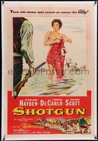 7a0787 SHOTGUN linen 1sh 1955 art of half-naked Yvonne De Carlo standing in river by cowboy w/ gun!