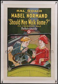 7a0788 SHOULD MEN WALK HOME linen 1sh 1927 Leo McCarey, art of Mabel Normand with gun, ultra rare!