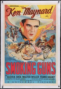 7a0796 SMOKING GUNS linen 1sh 1934 great stone litho of Ken Maynard saving Gloria Shea from bad guys!
