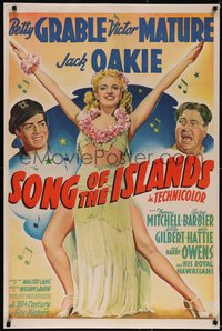 7a0186 SONG OF THE ISLANDS style B 1sh 1942 full art of sexy Betty Grable in grass skirt & lei!