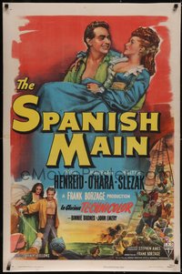 7a0800 SPANISH MAIN linen 1sh 1945 art of Paul Henreid carrying Maureen O'Hara, first color RKO!