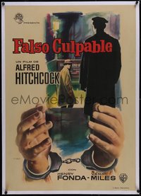 7a0375 WRONG MAN linen Spanish 1959 Hitchcock, different Mac art of Fonda & handcuffs, ultra rare!