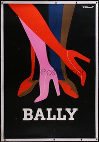 7a0267 BALLY linen 46x68 French advertising poster 1980s Villemot art of male & female shoes, rare!