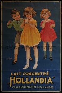 7a0269 HOLLANDIA linen 38x57 Dutch advertising poster 1920s Hove art of kids with milk, ultra rare!