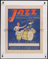 7a0336 JAZZ LES ETS MARCEL FAIVRE linen 17x21 French advertising poster 1950s Rassiat drummer art!