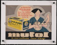 7a0338 MUTOL linen 12x16 French advertising poster 1920s art of woman cleaning pot with steel wool!