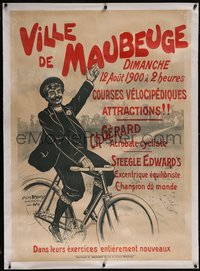 7a0233 VILLE DE MAUBEUGE linen 36x51 French special poster 1910s art of man on bicycle, ultra rare!