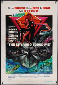 7a0802 SPY WHO LOVED ME linen 1sh 1977 art of Roger Moore as James Bond & Barbara Bach by Bob Peak!