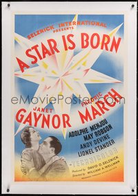 7a0804 STAR IS BORN linen 1sh 1937 William Wellman, Janet Gaynor & Fredric March, cool design, rare!