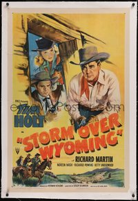 7a0806 STORM OVER WYOMING signed linen 1sh 1950 by Noreen Nash, art with Tim Holt & Martin, rare!