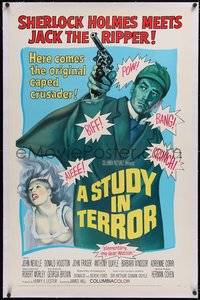 7a0813 STUDY IN TERROR linen 1sh 1966 art of Neville as Sherlock Holmes, the original caped crusader