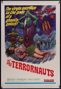 7a0821 TERRORNAUTS linen 1sh 1967 wild art of alien virgin sacrifice to the gods of a ghastly galaxy!