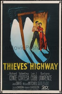 7a0822 THIEVES' HIGHWAY linen 1sh 1949 art of trucker Richard Conte & Valentina Cortese, Jules Dassin