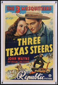 7a0825 THREE TEXAS STEERS linen 1sh 1939 3 Mesquiteers, John Wayne, Carole Landis in 1st real role!