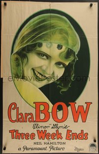 7a0118 THREE WEEKENDS 23x37 1sh 1928 wonderful head & shoulders art of pretty Clara Bow, ultra rare!