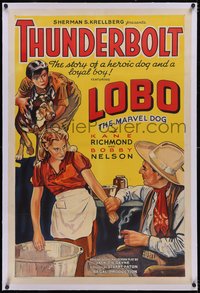 7a0826 THUNDERBOLT linen 1sh 1935 stone litho of heroic canine Lobo the Marvel Dog & loyal boy!