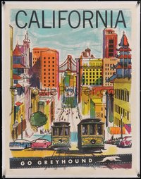 7a0376 GREYHOUND CALIFORNIA linen 28x36 travel poster 1960s Grebetz art of San Francisco, ultra rare!