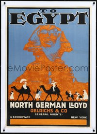 7a0378 NORDDEUTSCHER LLOYD linen 25x35 travel poster 1913 camels & Sphinx art in Egypt, ultra rare!