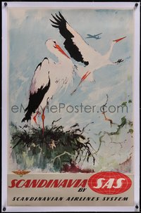 7a0381 SAS SCANDINAVIA linen 25x39 Danish travel poster 1950s art of storks by Otto Nielsen, rare!