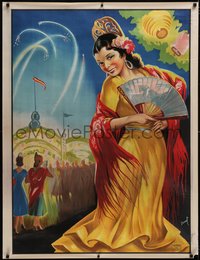 7a0141 SPAIN 34x44 Spanish travel poster 1950s Donat Sauri art of woman with fan, fireworks, rare!